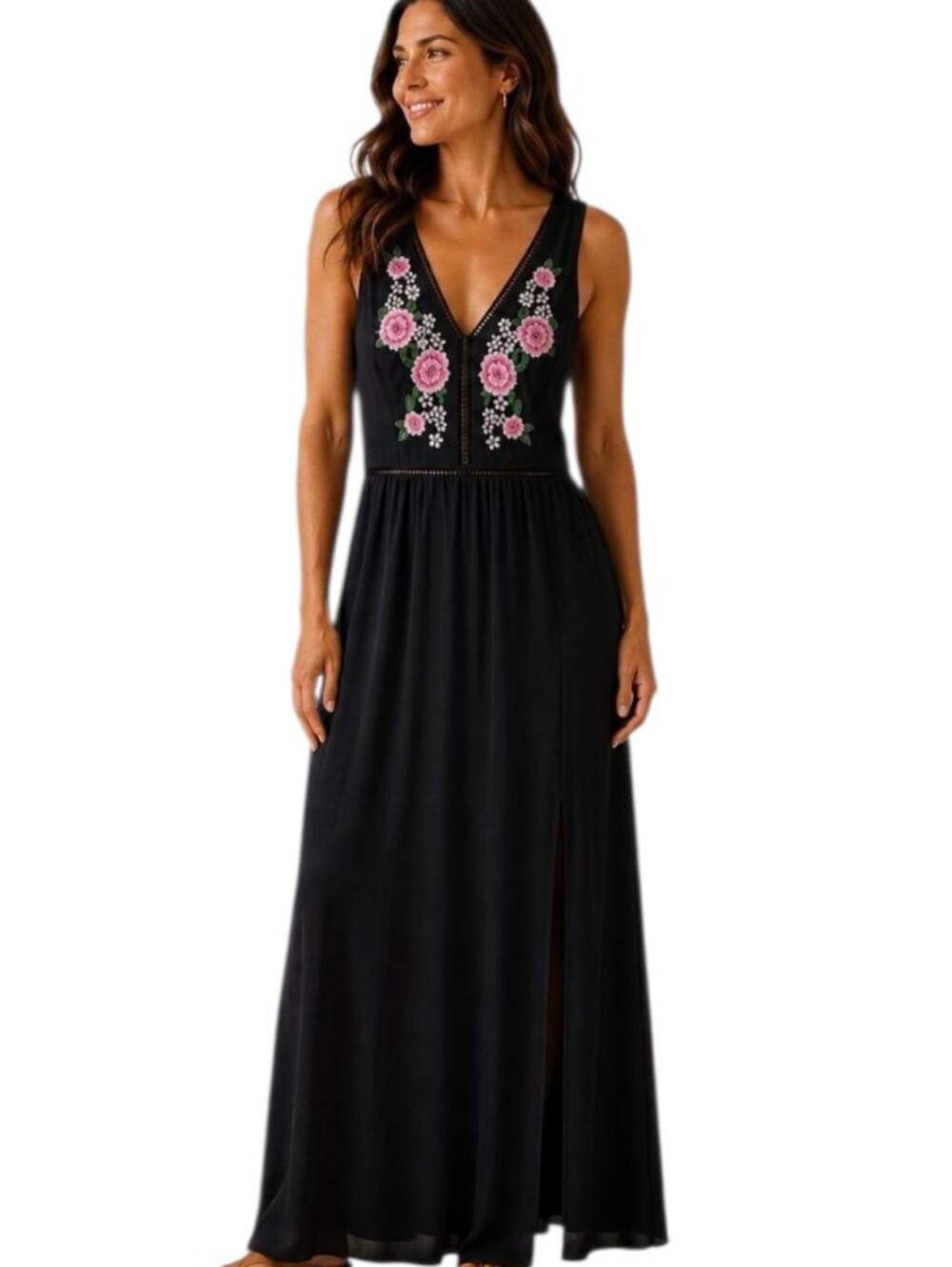 Black Maxi Dress with Pink Floral Embroidery Sleeveless Romantic Boho Sz 12
